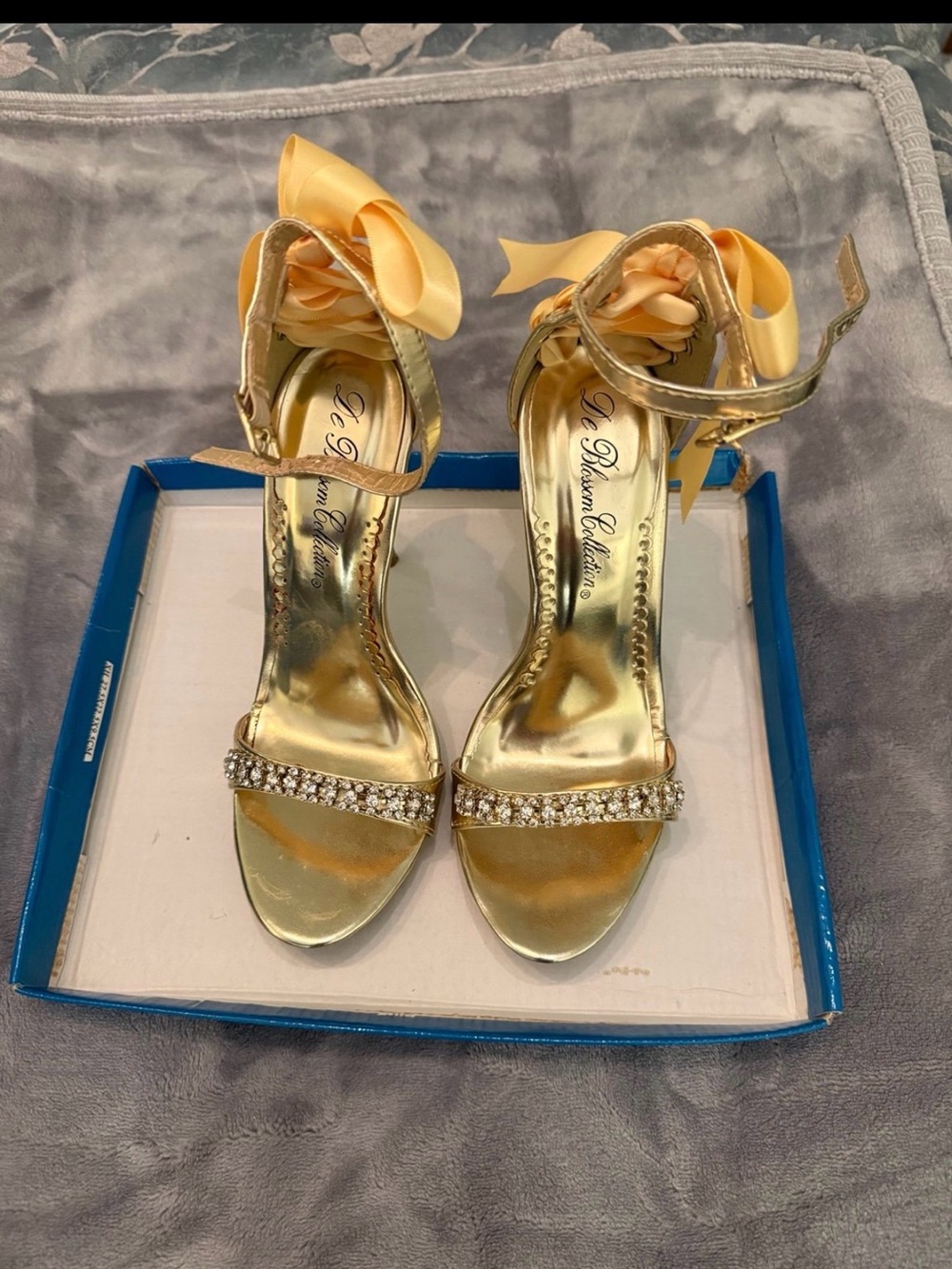 Gold Satin Crystal-Strap Ankle Tie Heels shoe size 7